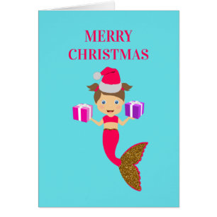 Cute Christmas Mermaid Girl Santa Hat in Sea Cards
