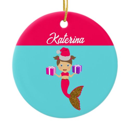 Cute Christmas Mermaid Girl Santa Hat in Sea Ceramic Ornament
