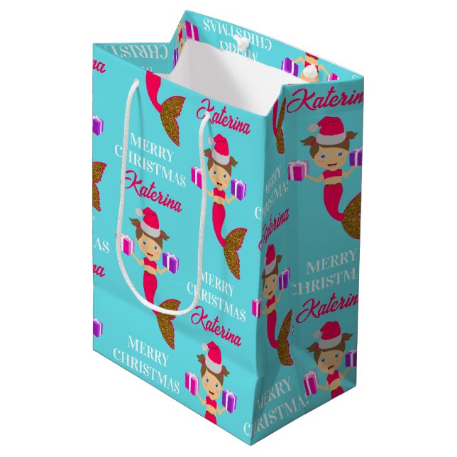 Cute Christmas Mermaid Girl Santa Hat in Sea Medium Gift Bag (Front Angled)