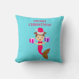 Cute Christmas Mermaid Girl Santa Hat in Sea Throw Pillow