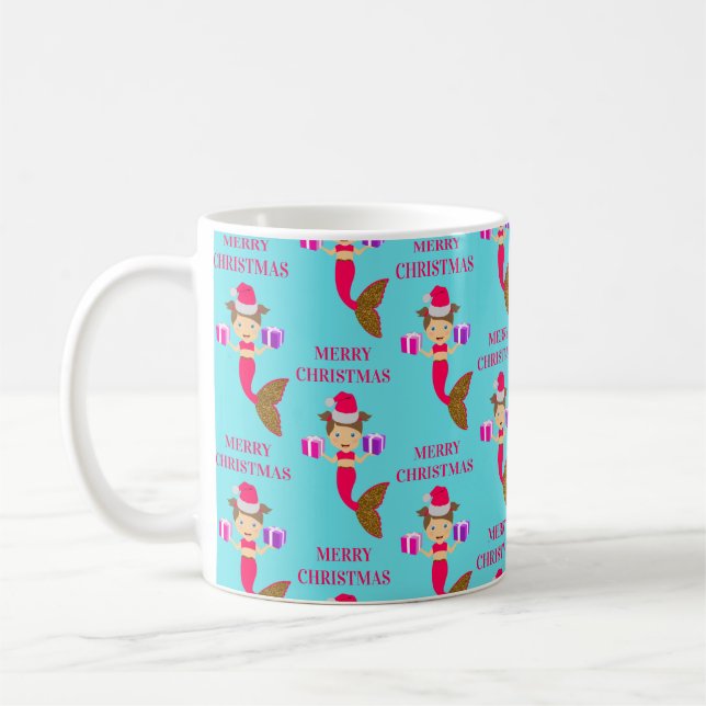 Cute Christmas Mermaid Girl Santa Hat in Sea Xmas Coffee Mug (Left)