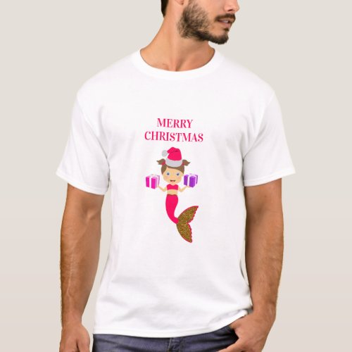 Cute Christmas Mermaid Girl Santa Hat Xmas T_Shirt