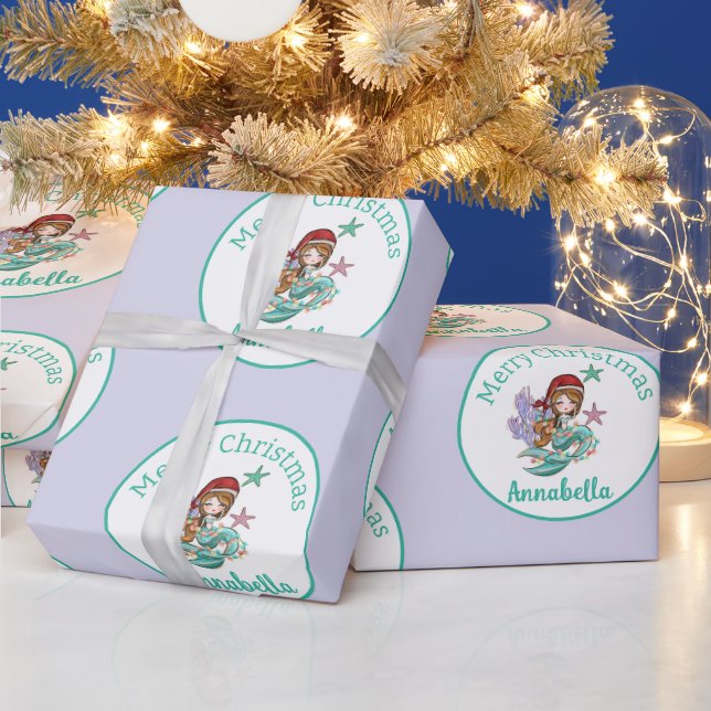 Cute Christmas Mermaid in Santa Hat on Purple Wrapping Paper (Holidays)