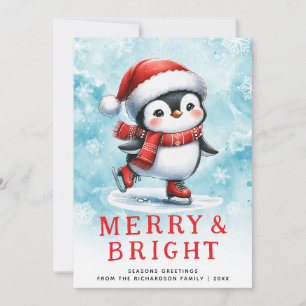 Cute Christmas Merry & Bright Ice Skating Penguin Holiday Card