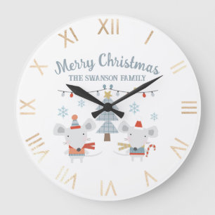 Cute Christmas Mice and Tree Large Clock