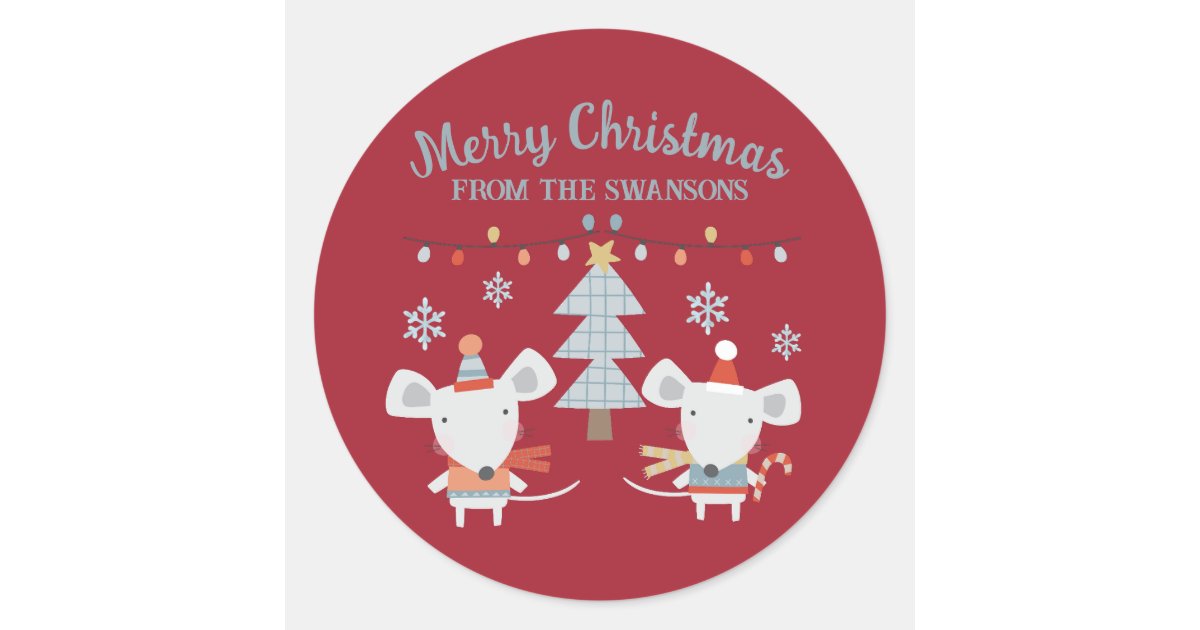 Cute Christmas Mice and Tree on Burgundy Red Classic Round Sticker | Zazzle