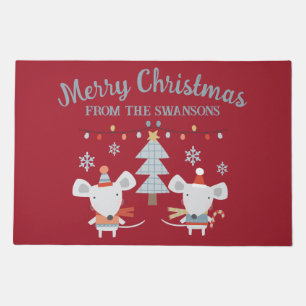 Cute Christmas Mice and Tree on Burgundy Red Doormat