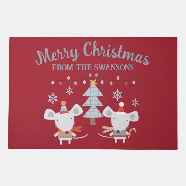 Cute Christmas Mice and Tree on Burgundy Red Doormat (Front)