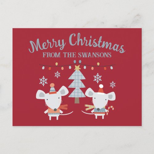 Cute Christmas Mice and Tree on Burgundy Red Postcard