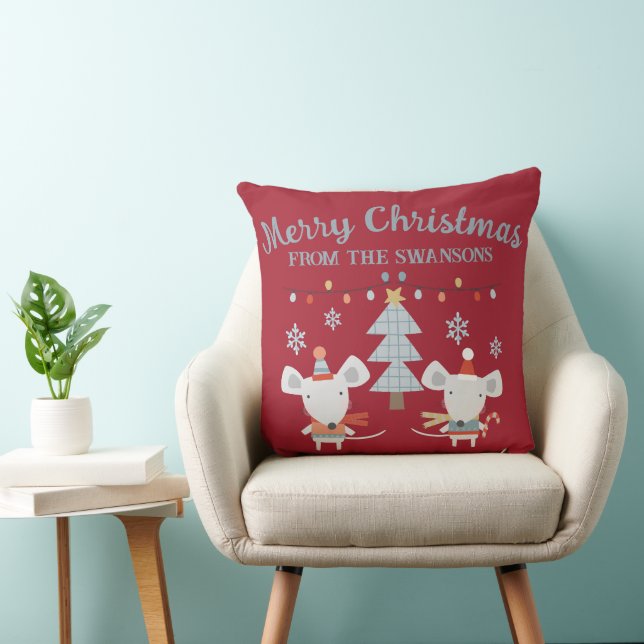 Cute Christmas Mice and Tree on Burgundy Red Throw Pillow (Chair)