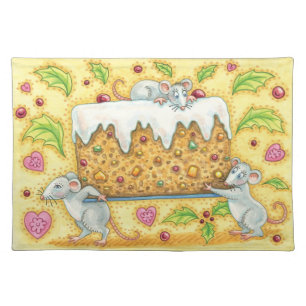 Cute Christmas Mice Carrying a Fruit Cake Dessert Cloth Placemat