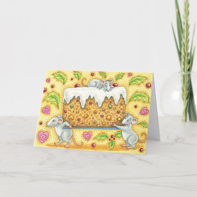 Cute Christmas Mice Carrying a Fruit Cake Dessert Holiday Card (Front)