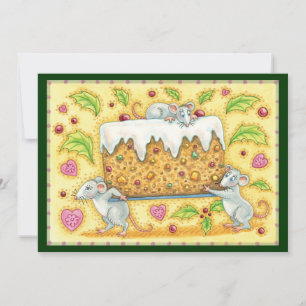 Cute Christmas Mice Carrying a Fruit Cake Dessert Holiday Card