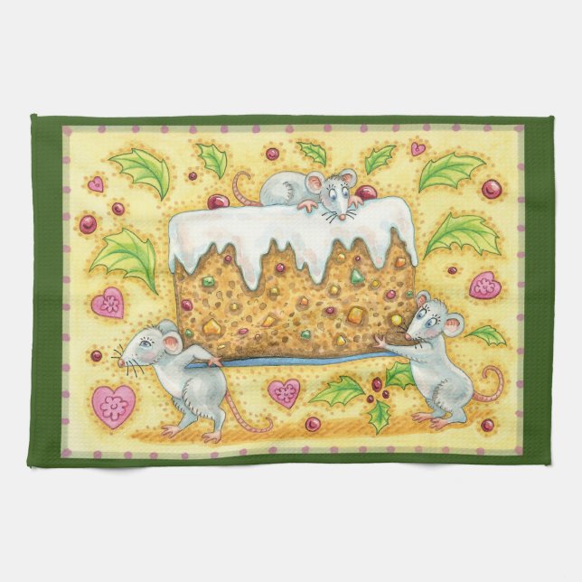 Cute Christmas Mice Carrying a Fruit Cake Dessert Kitchen Towel (Horizontal)
