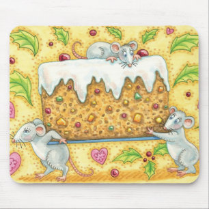 Cute Christmas Mice Carrying a Fruit Cake Dessert Mouse Pad
