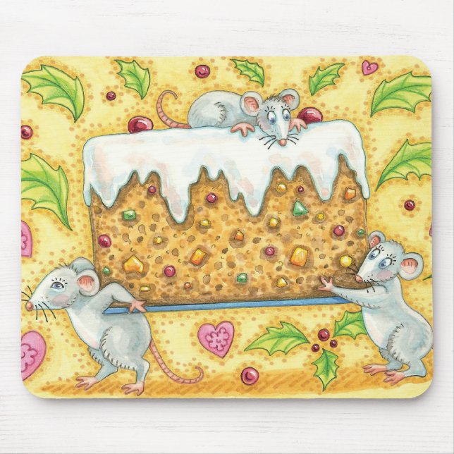 Cute Christmas Mice Carrying a Fruit Cake Dessert Mouse Pad (Front)