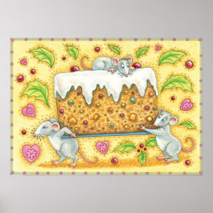 Cute Christmas Mice Carrying a Fruit Cake Dessert Poster