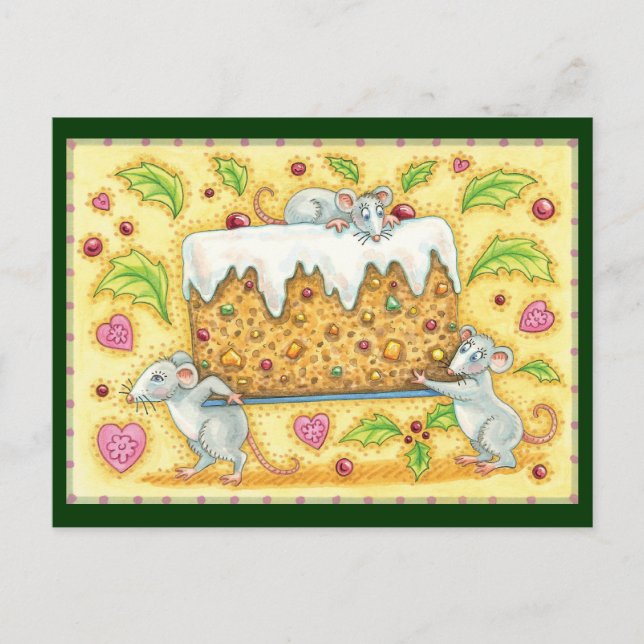 Cute Christmas Mice Carrying a Fruitcake Dessert Holiday Postcard (Front)