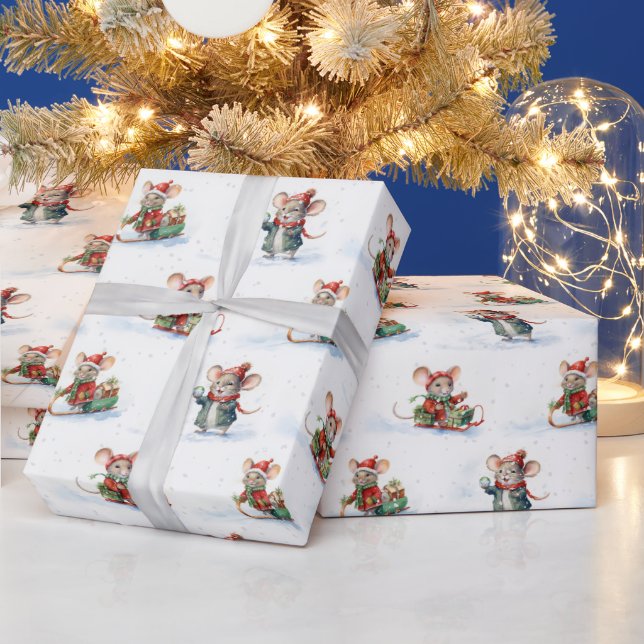 Cute Christmas Mice In Snowflakes Wrapping Paper (Holidays)