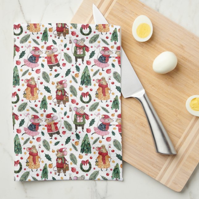 Cute Christmas Mice On White Kitchen Towel (Quarter Fold)