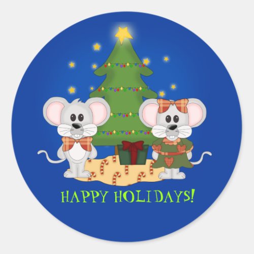 Cute Christmas Mice with Customizable Text Classic Round Sticker