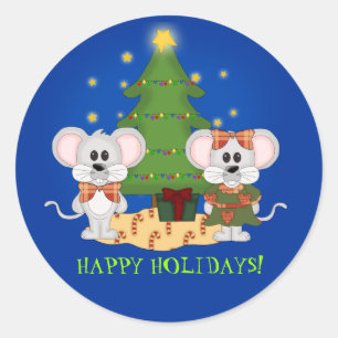 Cute Christmas Mice with Customizable Text Classic Round Sticker