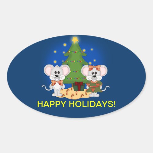 Cute Christmas Mice with Customizable Text Oval Sticker