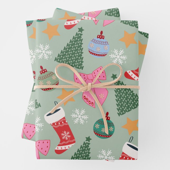 Cute Christmas Mint Green Wrapping Paper Sheets (In situ)