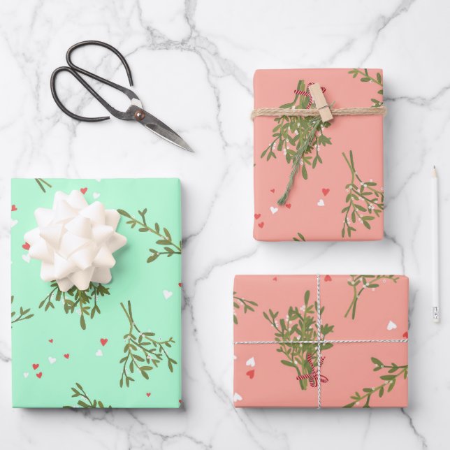 Cute Christmas Mistletoe Kissing Xmas Variety Wrapping Paper Sheets (Front)