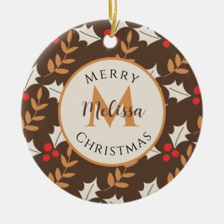 Cute Christmas Monogram Brown Berries & Leaves