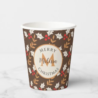 Cute Christmas Monogram Brown Berries & Leaves