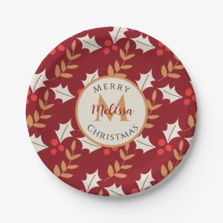 Cute Christmas Monogram Burgundy Berries & Leaves
