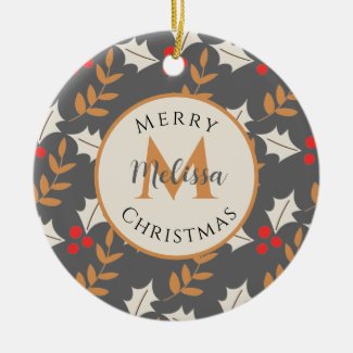 Cute Christmas Monogram Gray/Grey Berries & Leaves