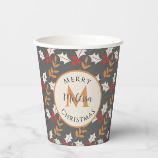 Cute Christmas Monogram Gray/Grey Berries & Leaves