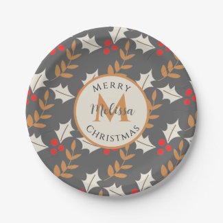 Cute Christmas Monogram Gray/Grey Berries & Leaves