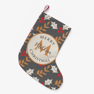 Cute Christmas Monogram Gray/Grey Berries & Leaves