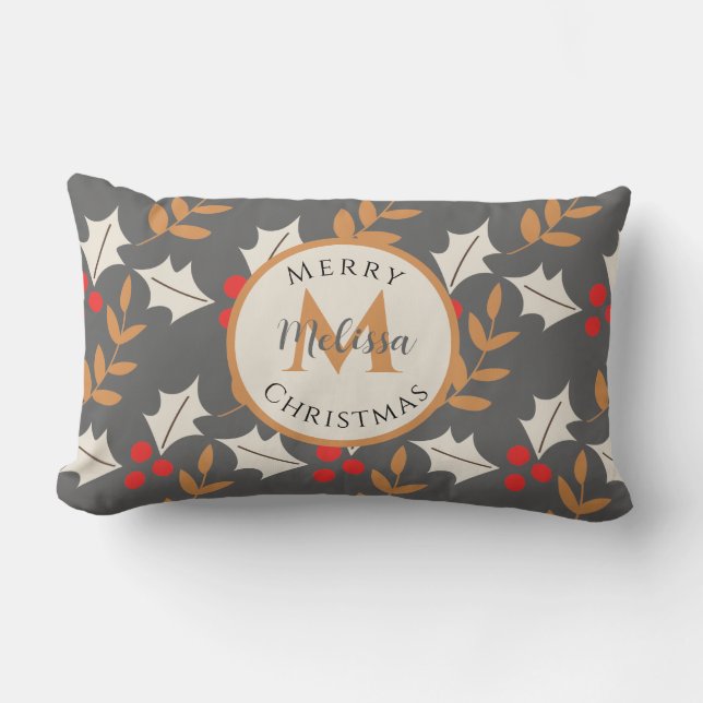 Cute Christmas Monogram Gray/Grey Holly Mistletoe Lumbar Pillow (Front)