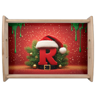 Cute Christmas Monogram R with Santa Hat Serving Tray