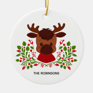Cute Christmas Moose Photo Ceramic Ornament