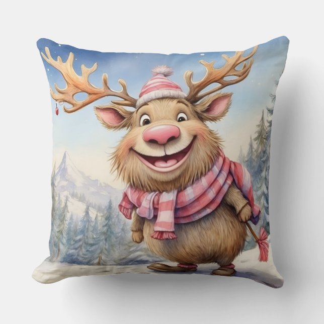 Cute Christmas Moose Throw Pillow (Front)