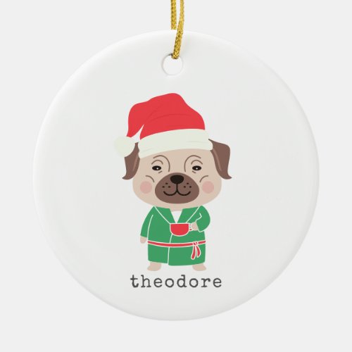 Cute Christmas Morning Coffee Bulldog Custom Name  Ceramic Ornament