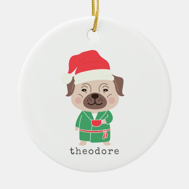 Cute Christmas Morning Coffee Bulldog Custom Name  Ceramic Ornament (Front)