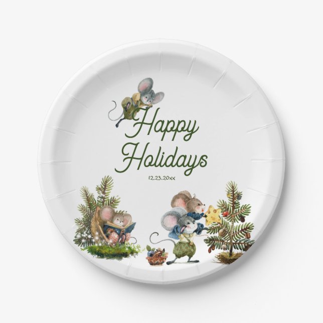 Cute Christmas Mouse Animal Winter Happy Holidays  Paper Plates (Front)