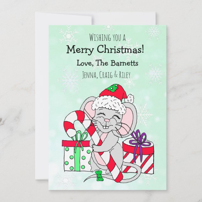 Cute Christmas Mouse Holding Candy Cane Holiday Card (Front)
