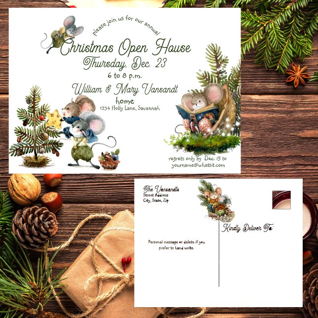 Cute Christmas Mouse Holiday Open House Invitation Postcard (Creator Uploaded)