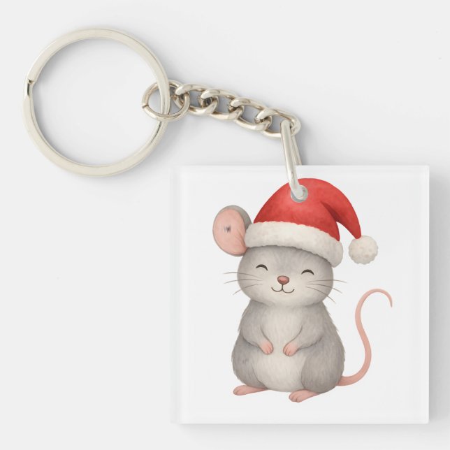 Cute Christmas Mouse in Santa Hat Keychain (Front)