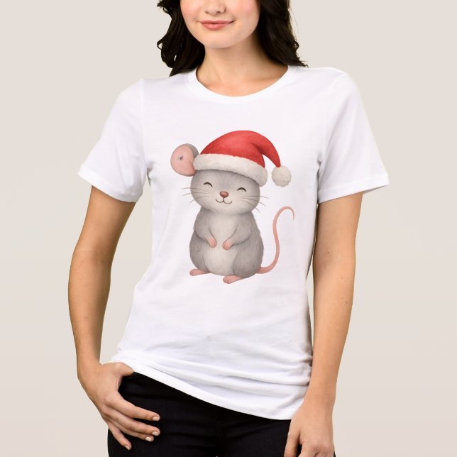 Cute Christmas Mouse in Santa Hat Tri-Blend Shirt (Front)