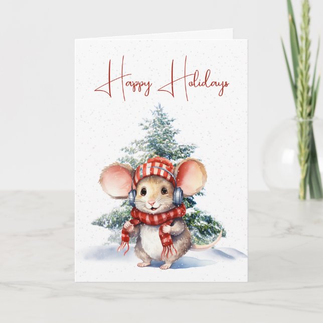 Cute Christmas Mouse In Snowflakes Card (Front)