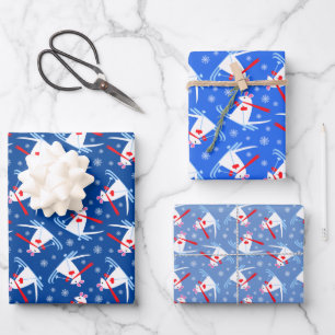 Cute Christmas Mouse on Skis Blue and White Wrapping Paper Sheets