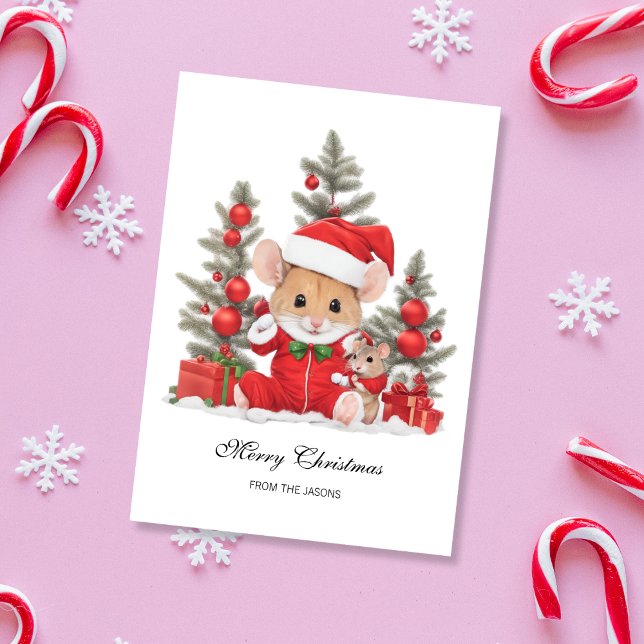 Cute Christmas Mouse with Red Hat Personalized Holiday Card (Cute Christmas Mouse with Red Santa Hat Holiday Card)